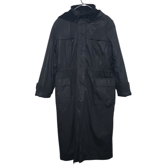Ellabee Long Black Hooded Winter Coat Quilted Lining Cinch Waist Pockets Large - Picture 1 of 15